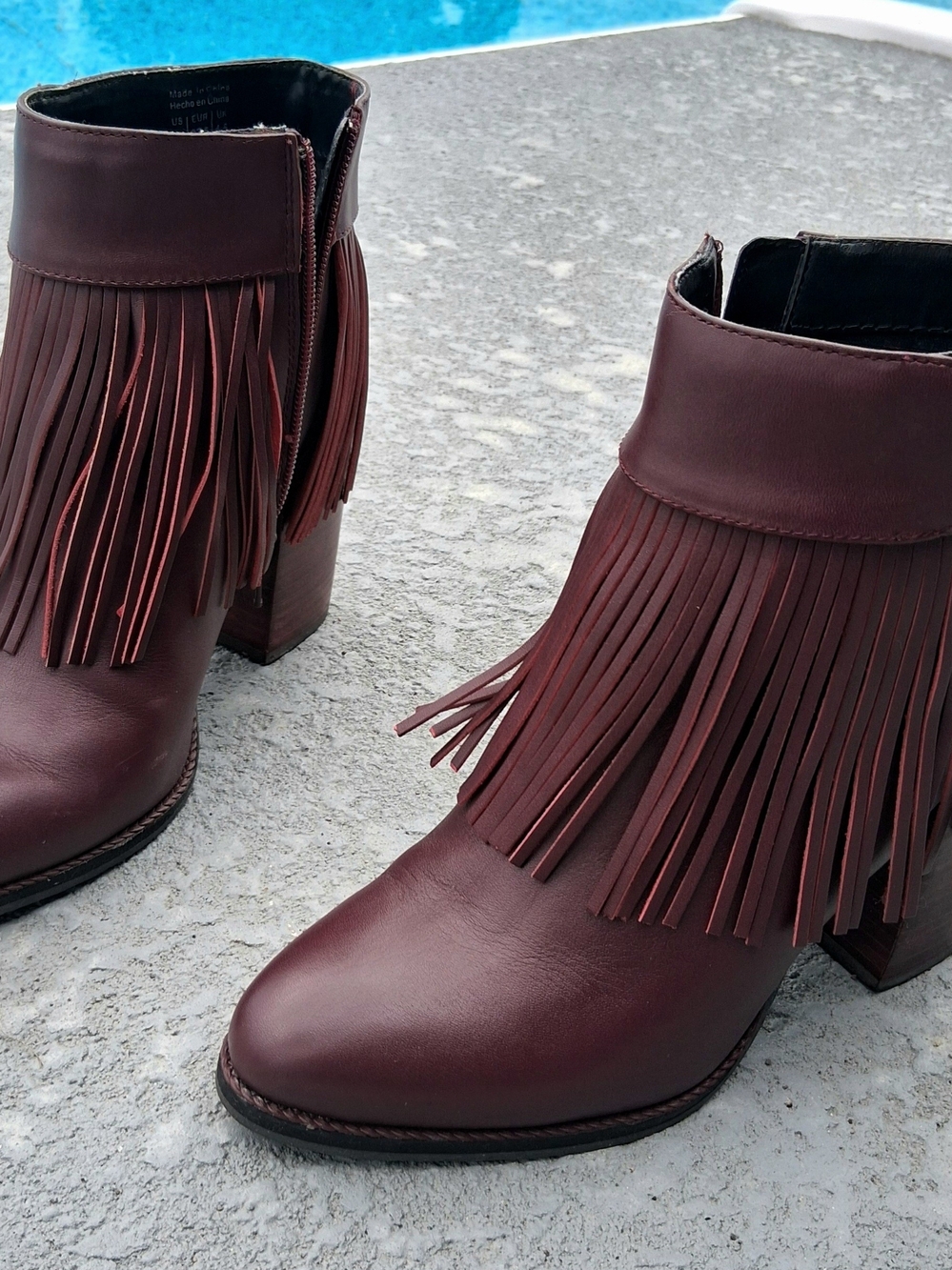 Aldo Burgundy Fringe Block Heel Ankle Boots